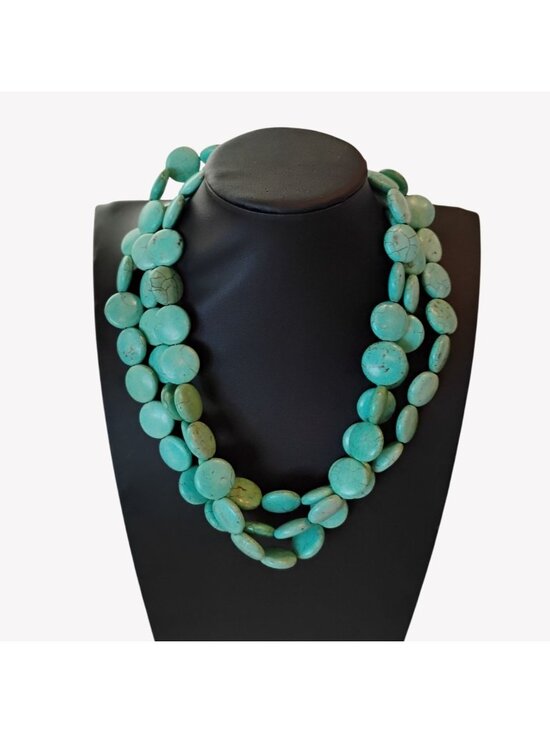 None Jewelry - Southwest Style Triple Strand Faux Turquoise Disc Necklace Dyed Howlite 20"